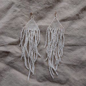 Salihah Moore White Beaded Fringe Earrings
